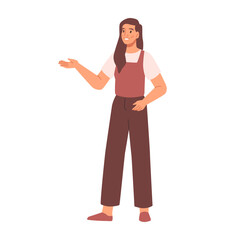 Female pointing at something by hand, showing and introducing product with fingers gesture. Vector illustration of cartoon woman shows presentation, promotion and advertisement
