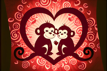 Fototapeta na wymiar two happy smiling monkeys in a heart frame, a pair of lovers for Valentine's day in red burgundy ai generated