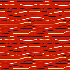 Multicolored horizontal wavy stripes on a red background. Simple vector pattern. Imitation of wood fibers.