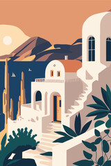 Santorini island travel Vector flat color Illustration Background - obrazy, fototapety, plakaty