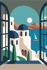 Santorini island travel Vector flat color Illustration Background - obrazy, fototapety, plakaty
