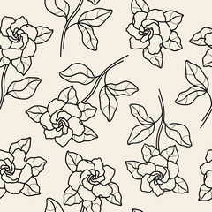 Line art gardenia flower branch seamless pattern