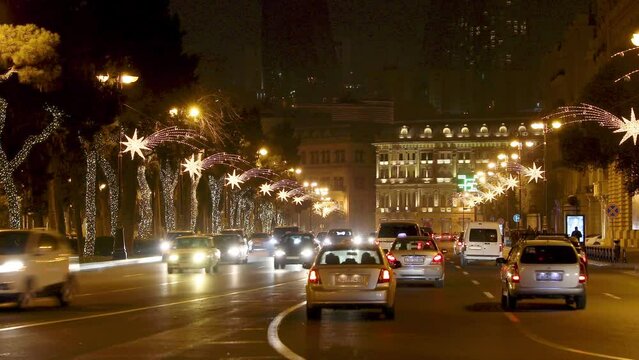 Central Avenue in Baku decorated with New Year's garlands