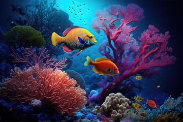 Fototapeta na wymiar reef underwater with colorful coral and fishes. generative ai
