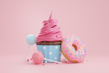 Colorful sweet donut cupcake desserts, 3d rendering