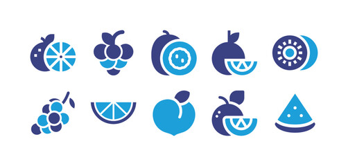 Fruit icon set. Duotone color. Vector illustration. Containing orange, grapes, passion fruit, kiwi, lemon slice, peach, watermelon.