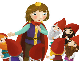 cartoon scene with prince talking to dwarfs illustration