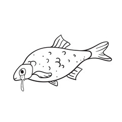 Isolated vector illustration of crying fish. Funny thin line icon for design, cover etc.