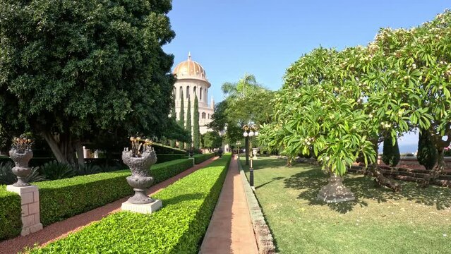 Walk towards Shrine of the Bab in Bahai Gardens, Haifa, Israel