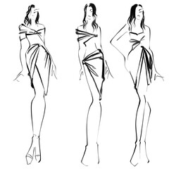 Sketch Fashion Event Illustration on a white background Woman in evening dress croquis, an easy style of fashion illustration.	