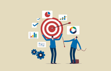 Analysis of business goals. financial report. Successful business strategy. investment data. Businessman holding arrow target and report information. Illustration