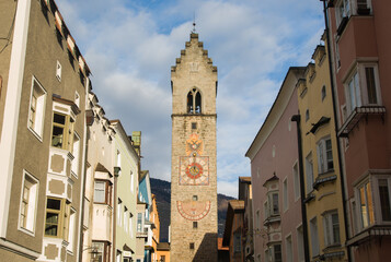 View of Zwölferturm tower in the old medieval town of Sterzing \ Vipiteno, South Tyrol, Italy