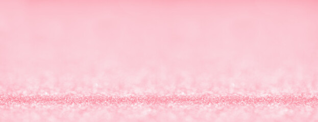 St Valentines day pink background top border wide banner. Love or wedding concept with bokeh lights glitter