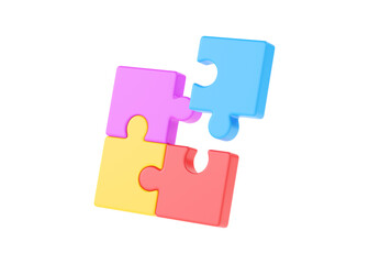 Puzzle 3d render icon - teamwork connect idea, partnership illustration and flying jigsaw pieces