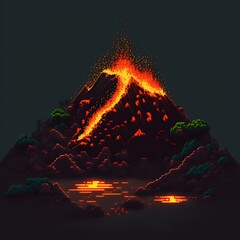 2d scene with erupting volcano landscape pixel art style. Generative AI