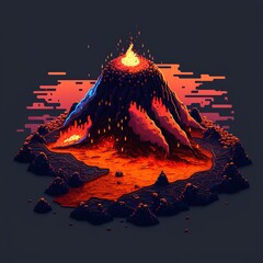 2d scene with erupting volcano landscape pixel art style. Generative AI