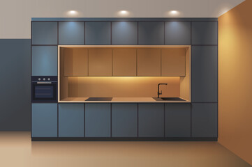 Modern Kitchen cabinets front view realistic vector. Minimalist grey kitchen furniture. Luxury apartment interior.