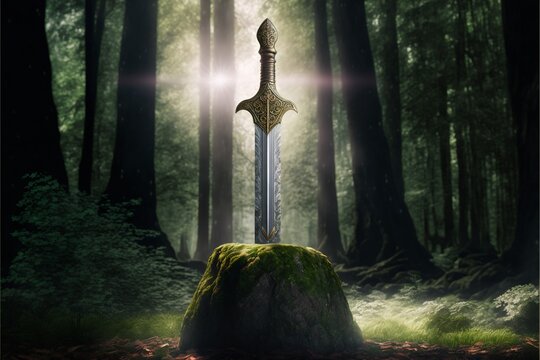 Sword Excalibur stuck in the stone in the middle of the forest. Digital illustration AI