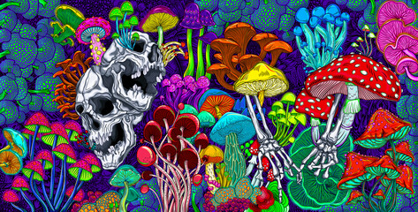 Abstract colorful background with bright magical psychedelic mushrooms and skulls. Hand-drawn print. Hippie magic mushrooms illustration print. Texture background for creativity and advertising - 557888716