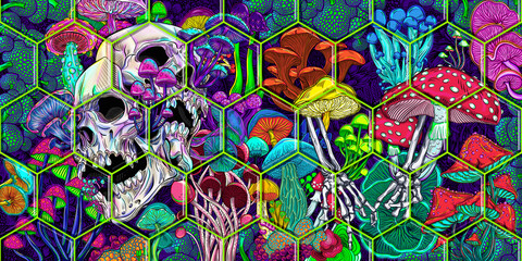 Abstract colorful background with bright magical psychedelic mushrooms and skulls. Hand-drawn print. Hippie magic mushrooms illustration print. Texture background for creativity and advertising - 557888793