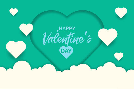 Happy Valentine's day poster or banner. Beautiful paper cut white clouds with green heart frame on green background. Vector illustration. Papercut style. Place for text.