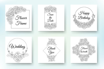 flower wreath element with golden floral frame collection and hand drawn line art illustration