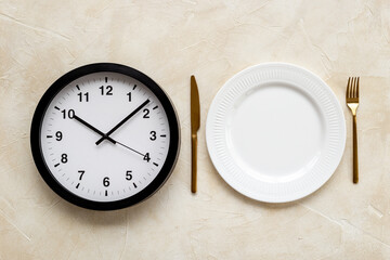 Round wall clock with empty dish. Diet concept. Time to eat