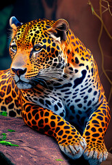 Obraz premium Leopard in the jungle. Orange jaguar. Illustration for advertising, cartoons, games, print media. My collection animals.