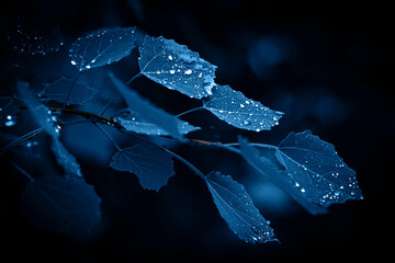 Aspen leaves with raindrops. Dark blue toned.