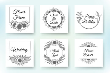 flower wreath element with golden floral frame collection and hand drawn line art illustration