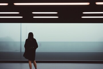 A moody photo of a girl looking outdoors through foggy glass is being taken from behind.