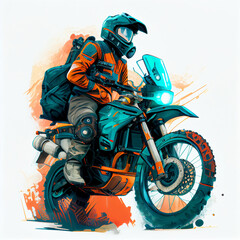 Adveture motorcycle with driver in teal and orange, generative ai