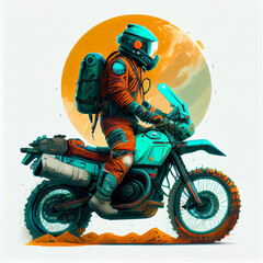 Adveture motorcycle with driver in teal and orange, generative ai