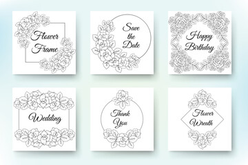 flower wreath element with golden floral frame collection and hand drawn line art illustration