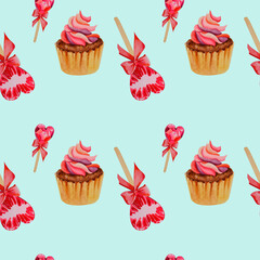 A pattern of lollipops and cupcakes on a blue background. Lollipop in the form of a kiss. Sweets. valentine's day.