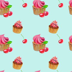 A pattern of cupcakes and cherries. Ripe juicy cherry. valentine's day. Watercolor illustration.
