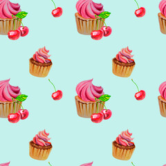 A pattern of cupcakes and cherries. Ripe juicy cherry. valentine's day. Watercolor illustration.