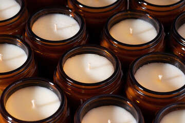 Group of Handmade Soy and coconut wax candles in a Amber and opaque container, brown glass jar....