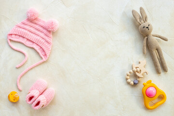 Baby newborn hat with kids toys and accessories, top view