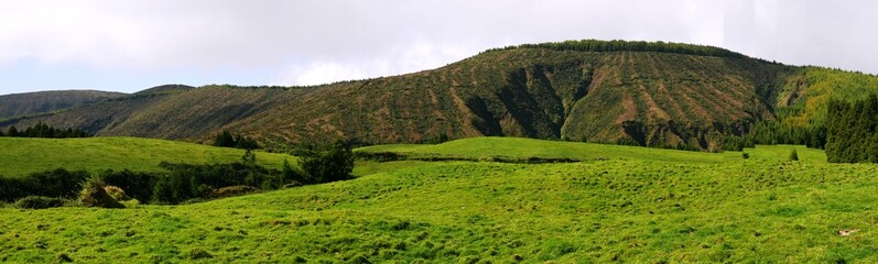 Fototapeta na wymiar Photo panoramique de la montagne volcanique du Monte Escuro sur l'île de Sao Miguel dans l'archipel des Açores au Portugal. Europe