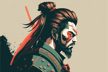 Close-up digital design of a samurai portrait with japanese elements. AI