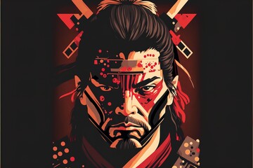 Close-up digital design of a samurai portrait with japanese elements. AI