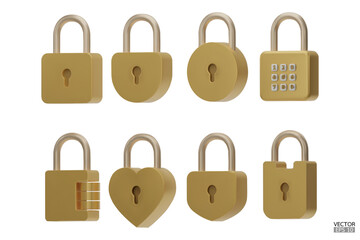 set of 3D Gold Padlock icons isolated on white background. Minimal lock icon. 3d vector illustration.