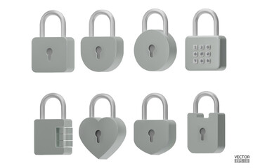 set of 3D iron Padlock icons isolated on white background. Minimal lock icon. 3d vector illustration.
