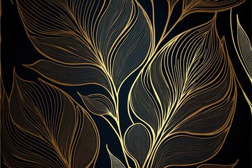 Illustration of golden leaves. Botanical modern, art deco wallpaper background image. Japanese style. AI - obrazy, fototapety, plakaty