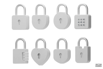 Set of 3D white Padlock icons isolated on white background. Minimal lock icon. 3d vector illustration.