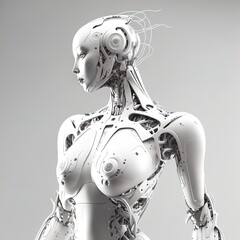 Robot woman using digital sphere hologram. AI