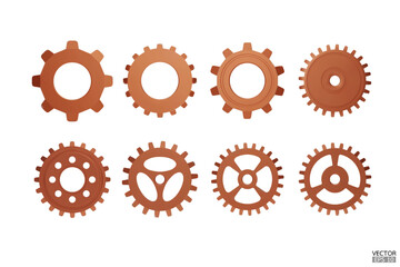 3D copper Gear icon set. Transmission cogwheels and gears are isolated on white background. Bronze Machine gear, setting symbol, Repair, and optimize workflow concept. 3d vector illustration.