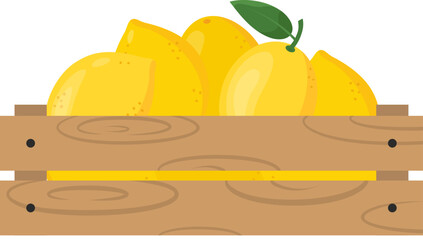 Wooden crate with fresh lemons. Farmer's market, healthy eating or tropical fruits theme. Vector illustration isolated on white background.
