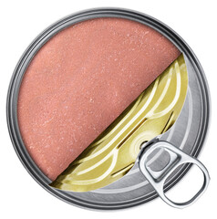 Canned meat pate isolated on white background. Top view. With clipping path.